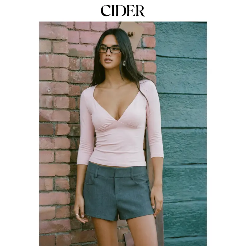 Cider Women's Sweetheart Neck Ruched Modal Long Sleeve Plain Pullover, Slim-Fitting Elevated Casual Pull-On Shirt, Solid Color Repro Safe Basic Top