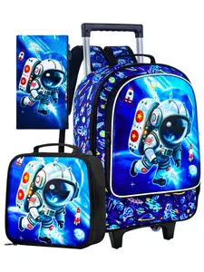 3PCS Astronaut Rolling Backpack for Boys, Kids School Backpacks with Wheels,  Roller Wheeled Bookbag Set