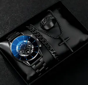 Unique Gifts for Men 4pcs Simple Set Watch Bracelet Necklace Ring Elegant Watch Gift Box for Casual & Formal Use Simple Elegant Jewelry