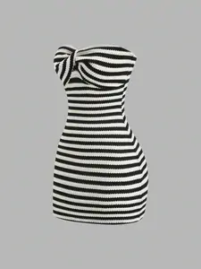 Women's Colorblock Striped Backless Knit Crop Top Mini Dress, Elegant Chic Summer Fashion, Slim Fit, Perfect for Warm Weather