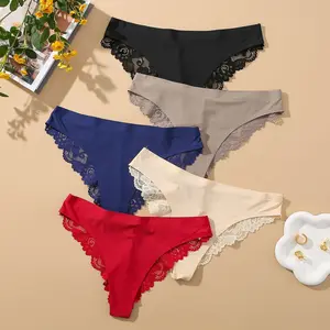 Lace Triangle Panties for Women Sexy Ice Silk Underwear with Pure Cotton Crotch Mid-Waist Brazilian Style Popular Cross-Border Womenswear