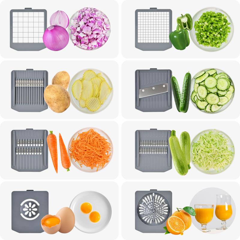 Simplify meal prep with our 8-piece multifunctional chopper set. It features a slicer and container for an efficient, all-in-one kitchen solution.