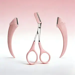 2 Curved Eyebrow Razors+1 Scissors+Trimmer，Safe Imported Steel，Salon Quality Shaping，Pink Bathroom Beauty Essential