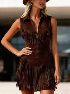 Women's Western Style Fringe Suede Dress, Front Zipper Design, Sleeveless Collar Retro Western Fashion, Perfect for Festive Wear