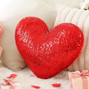 Glitter Sequins Heart Pillow 14'' x 12'' Valentine's Day Decorative Sparkling Throw Pillows Soft Shiny Cushion for Valentine Wedding Anniversary Bed Couch Decor(Red)
