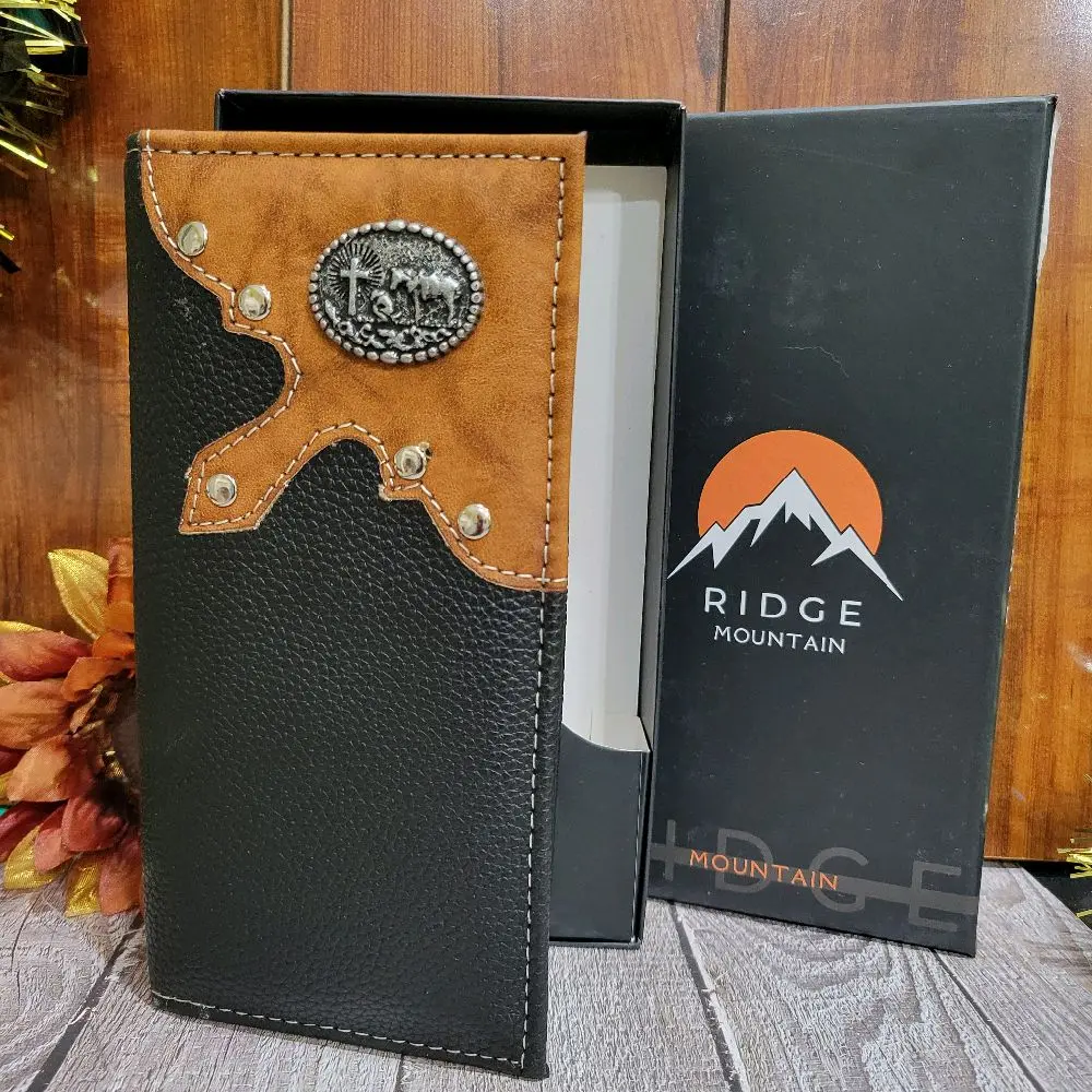 Praying Cowboy Western Faux Leather Wallet  Bi-Fold 7 Inches Long with 8 Credit Card Slots, 4 Cash Compartments  black and tan  with gift box.