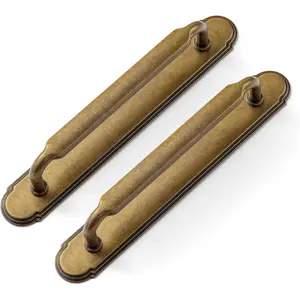 2 Pack Antique Brass Cabinet Pulls with Backplate Spacer, 5" Hole Center Kitchen Drawer Pulls Handles with Base Plate Zinc Alloy Hardware