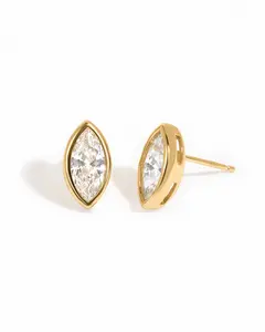 Sami Jewels Marquise Bezel Stud Earrings, 925 Sterling Silver Earrings, 14K Gold Plated Earrings, Statement Jewelry, CZ Diamond Stud Earring, Hypoallergenic Stud Earrings