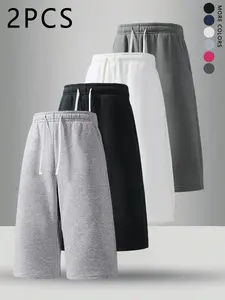 2 Pack Men's Solid Drawstring Loose Fit Straight Casual 3/4 Pants,Plain Fashion versatile Sports Joggers,unisex Minimalist knit Sweatpants,For Daily Wear,Going Out,Outdoor Hiking,Weekend Outings,Suitable For Summer Menswear Basic Activities capri Trousers