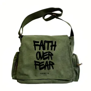 Women’s Bible Verse Canvas Crossbody Bag — Large Capacity, Adjustable Shoulder Strap, Flip Cover Retro Design, “Faith Over Fear” Print, Perfect for Travel and Shopping, an Excellent Gift Choice.