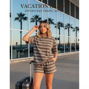 Women's Summer 2-Piece Striped Oversized Matching Short Set, Lounge & Travel Outfits for Airport, Beach Vacations