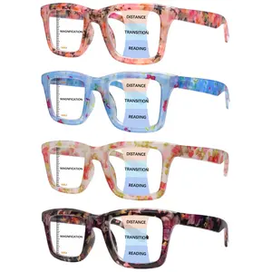 3-Piece Progressive Multifocal Anti-Blue Light Reading Glasses For Women a Stylish Accessory Featuring a Retro Print Design, Spring Hinges, And Rectangular Frames For Everyday Wear