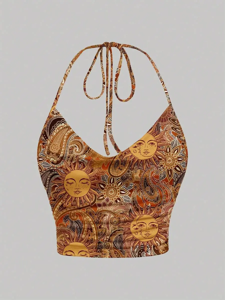 Siren x [FS] Women's Brown Boho Sun Paisley Print Halter Top,Summer Music Festival Vacation Hippie Bandana Top,Tie Neck Loose Fit Retro Bohemian Chic Summer Tops