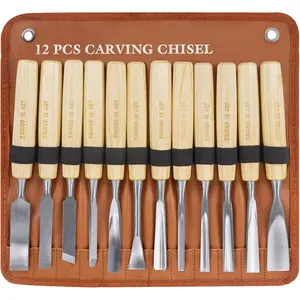 12 count Wooden Carvg Chisel Set, Long Handle Woodworkg Tools Set with a Leather Pouch, Full Size  Gouge Kit for Carvg Projects, Ideal for Begners and Professionals