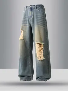 Men's  Ripped  Jeans, Loose Casual Comfy Denim Pants for Daily Wear, Woven Bottoms for All Seasons