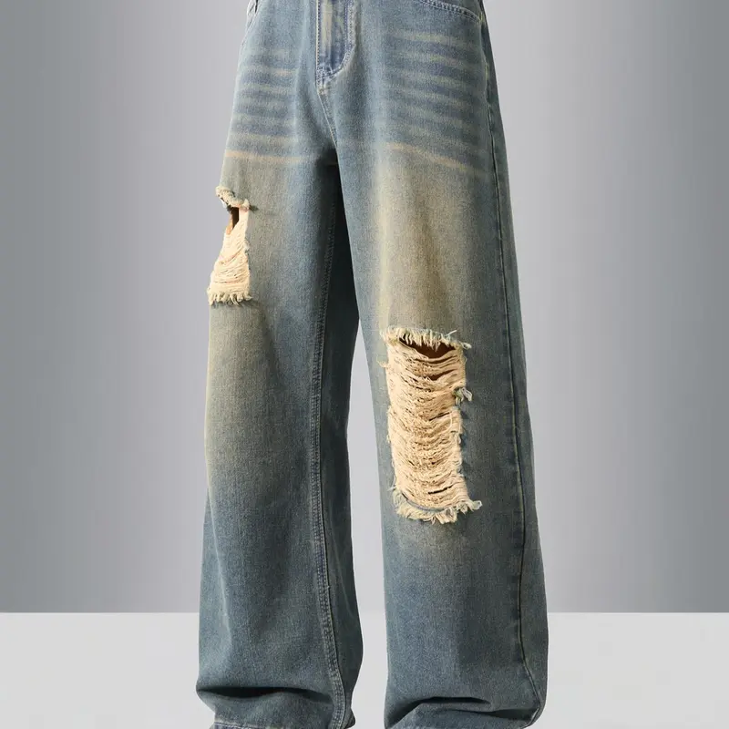 Men's Ripped Medium Wash Casual Fashion Jeans, Loose Casual Comfy Denim Pants for Daily Wear, Woven Bottoms for All Seasons