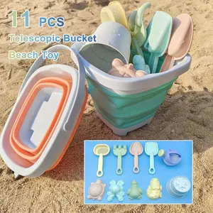 11-Piece Morandi Beach Toy Set, Foldable Sand Bucket, Kids Bath Toys, Watering Can, Shovel, Rake, Mold, Hourglass Spoon, Summer Party Supplies
