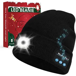 Bluetooth Beanie Hat with Light, Headlamp Cap with Headphones and Built-in Speaker Mic, Gifts for Men n Husband Him Black