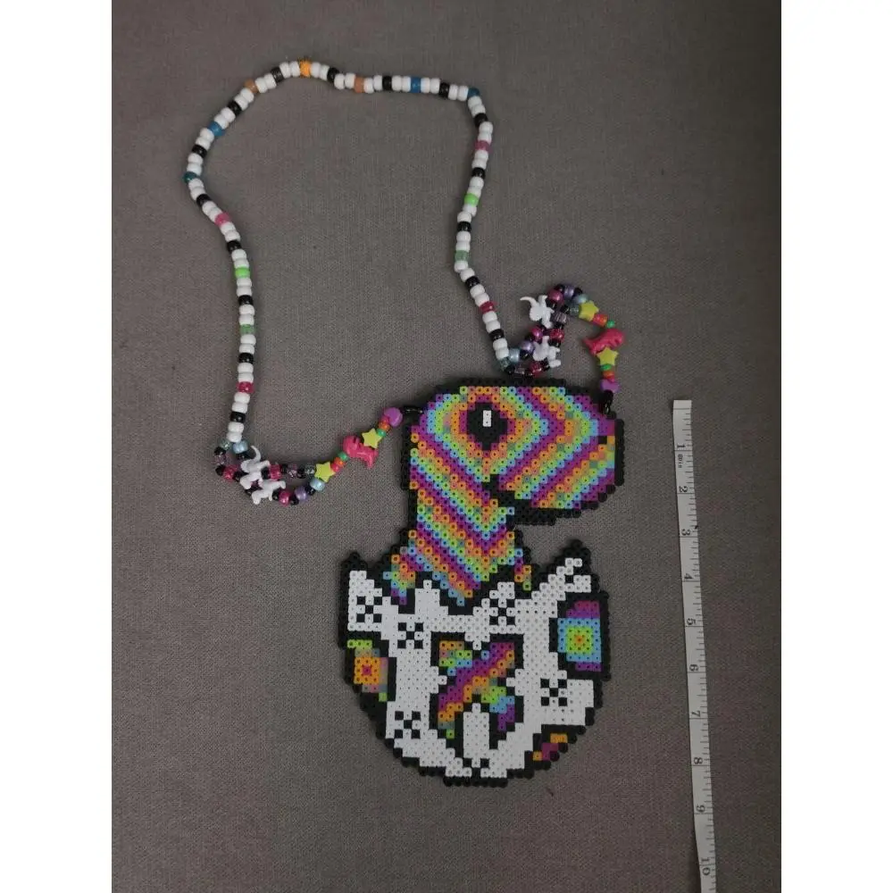Excision Baby Dino Lost Lands Perler Necklace Colorful Beaded Necklace with Rainbow Design and Beaded Chain