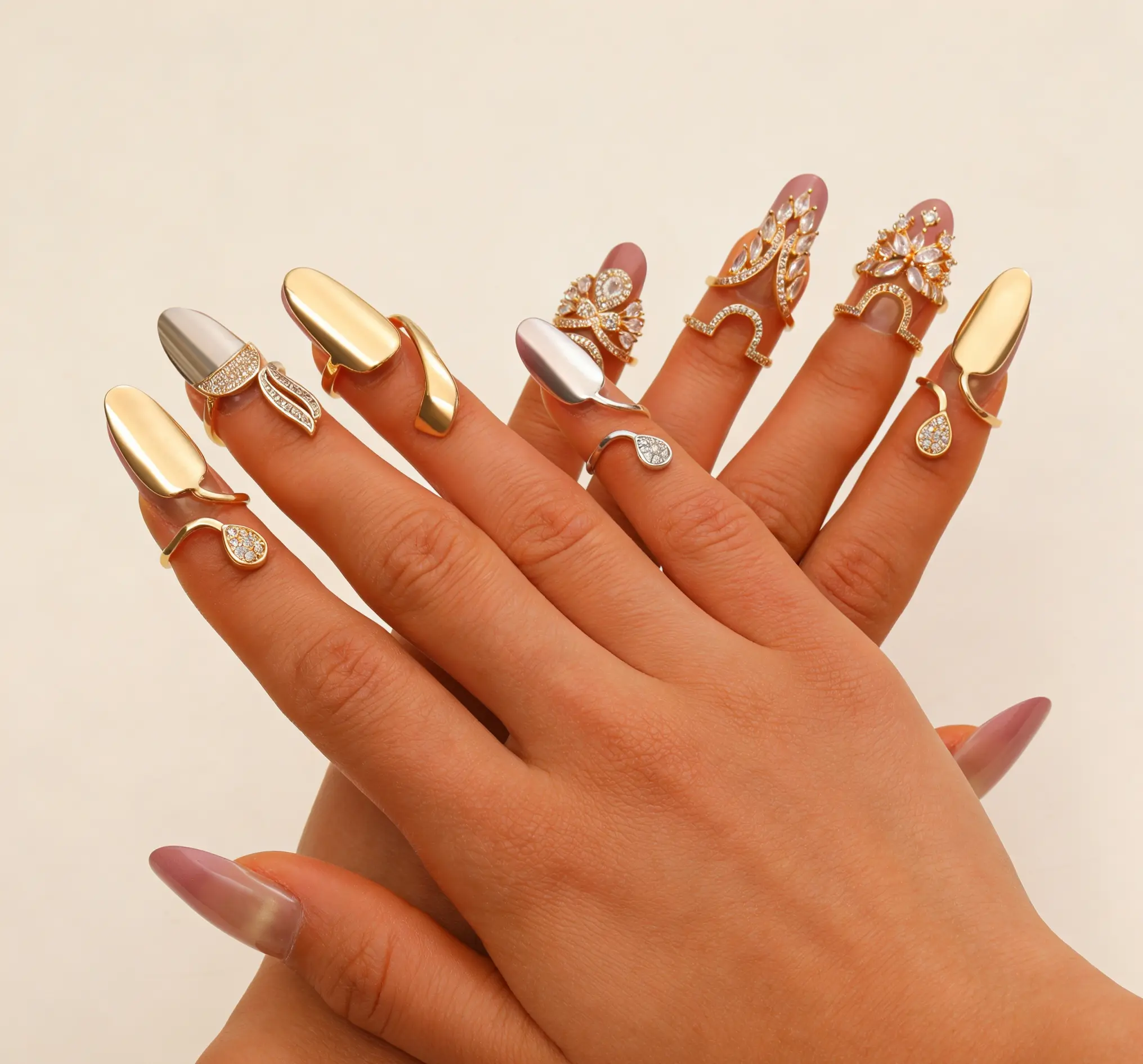 10-Piece Adjustable Fingertip Nail Rings for Women, Fashionable Zircon Artificial Gemstone Jewelry for Daily Wear