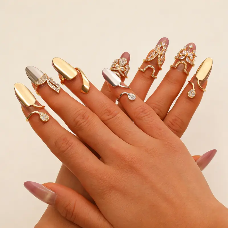 Women's 10pcs Adjustable Basic Fingerrings - Female Fashion Costume Jewelry with Synthetic Coloured Gemstones, Gold/Silver Shine Metal Coating for Daily Wear