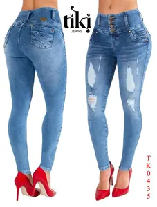 TIKI JEANS Colombianos High Waist Push-up Skinny Distressed, Soft Light Blue Skinny, Levanta Cola, Fashion Comfort Casual Skinny Denim Pants, Summer Jeans for women, Going out outfits, Back Pockets, Buttons Elastic Fabric jean women s