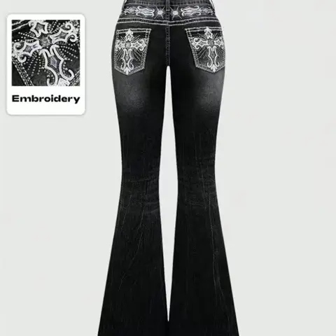 Women's Elegant Fashion Fitted High Waist Denim Flare Pants, Back Pocket Embroidery Design, Rhinestone Decor, Casual Wear, Womenswear, Perfect for All Seasons, Streetwear, Trouser, Tight Fitted Jeans, High Waisted Jeans