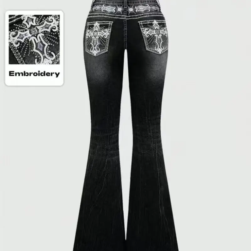Women's Elegant Fashion Fitted High Waist Denim Flare Pants, Back Pocket Embroidery Design, Rhinestone Decor, Casual Wear, Womenswear, Perfect for All Seasons, Streetwear, Trouser, Tight Fitted Jeans, High Waisted Jeans