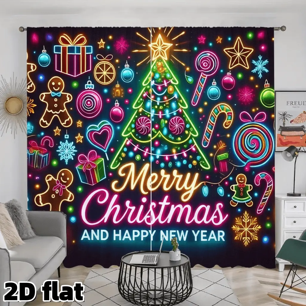 2D Flat 2Pcs Christmas Neon Light Pattern Curtains Home Decoration Curtain Festive Gingerbread Candy Tree Design Rod Pocket Semi Sheer Drapes Holiday Decor for Living Room Bedroom Party Window Treatment Christmas Gift Home Decorative
