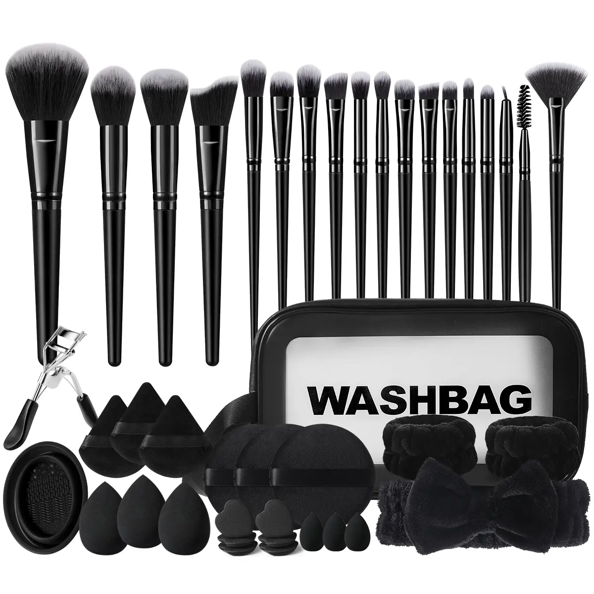 42-Piece Makeup Brush Set with Storage Bag + 3PCS Waterproof Travel Toiletry Set + Practical Cleaning Bowl + 18PCS Triangular & Circular Velvet Powder Puffs + Professional Stainless Steel Eyelash Curler – Ideal for Daily Makeup, Flawless, Durab