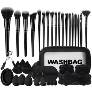 42PCS All-in-One: Cosmetic Bag + 18pcs Makeup Brushes + 3PCS Waterproof Travel Toiletry Set + Practical Cleaning Bowl + 18PCS Triangular & Circular Velvet Powder Puffs + Professional Stainless Steel Eyelash Curler – Ideal for Daily Makeup