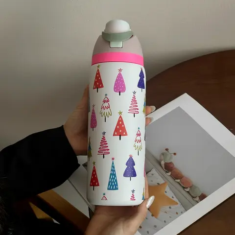 Christmas Tree Theme Stainless Steel Insulated Cup, Dual-Layer Cold & Hot Water Bottle, Travel Mug, Gym, Home, Office, School Use, Stainless Steel Tumbler