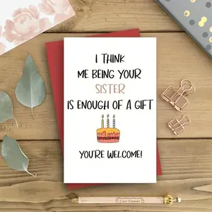 Funny Birthday Card for Sister with Envelope, 1 Count Humorous Design, Perfect Birthday Gift for Her, Office Stationery & Supplies