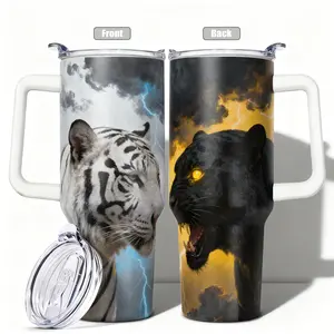 1pc, 40oz/30oz/20oz/14oz Stainless Steel Cup White Tiger and Black Panther Lightning Double Wall Vacuum Insulated Cup, Leakproof Lid & Carry Handle Travel Mug for Outdoor Camping Hiking, Gift for