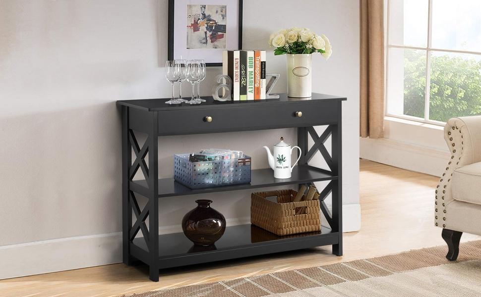 Yaheetech Wooden Console Table with 1 Drawer and 2 Open Shelves Versatile Entryway Table with Problem-free Setup Classic Modern Style Doorway Table Yaheetech Wooden Console Table with 1 Drawer and 2 Open Shelves Versatile Entryway Table with Problem-free Setup Classic Modern Style Doorway Table