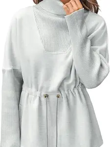 Fisoew Women's Turtleneck Sweatshirts Fleece Drawstring Waist Casual Long Sleeve Pullover Sweater Side Slit Tunic Tops