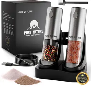 Refillable Adjustable LED Salt and Pepper Grinder, Kitchen Seasoning Utensil with Larger Chamber, 5 Adjustable Coarseness Settings, Type-C Fast Charging, Premium Steel Construction, Pure Nature Design