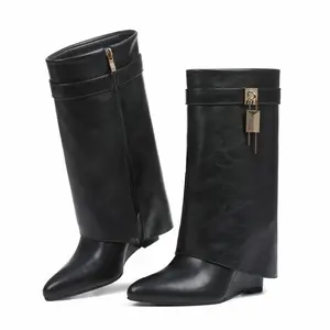 Fold Over Boots Wide Calf Wedge Heel Knee High Boot With Decorative Lock Platform Wedge Heel Almond Toe Faux Leather Pull On Short Booties with Padlock for fall ground