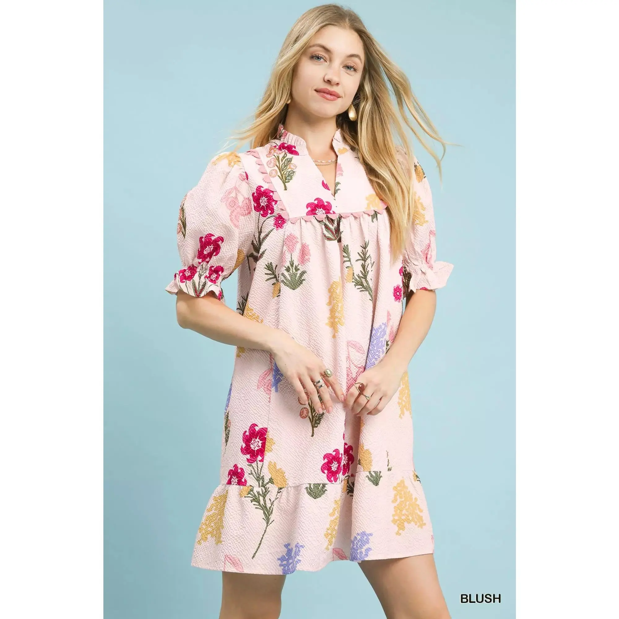 Umgee Multi Flower Print V-Neck Dress