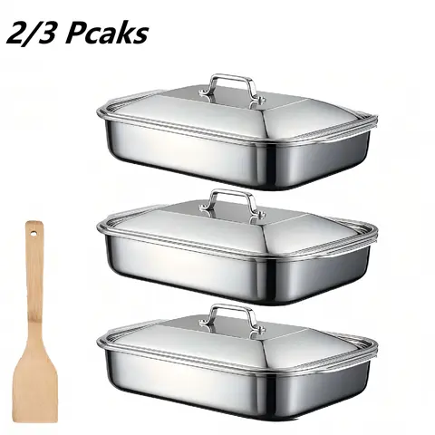 LOVEWE 3pcs Thick Stackable Stainless Steel Baking Pan Set - Baking Supplies, Kitchenware Dish with Easy-Clean Non-Stick Rectangular Pans, Roast & Serve Lids, Double-Handled Grill Rack, Durable Buffet-Ready Seafood Tray