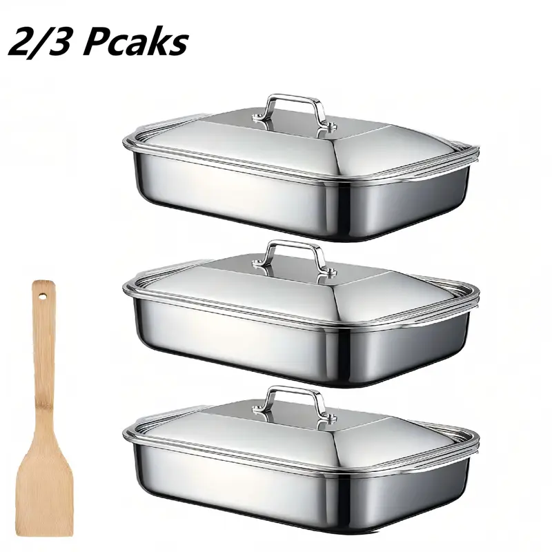 LOVEWE 3pcs Thick Stackable Stainless Steel Baking Pan Set - Baking Supplies, Kitchenware Dish with Easy-Clean Non-Stick Rectangular Pans, Roast & Serve Lids, Double-Handled Grill Rack, Durable Buffet-Ready Seafood Tray