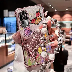 Reno10Pro Elegant Plating Lucky Clover Strap Lanyard Quicksand Butterfly Bracket Phone Holder Case For Compatible With Oppo Reno 10 Pro Colorful flowers and butterflies Stand Cover