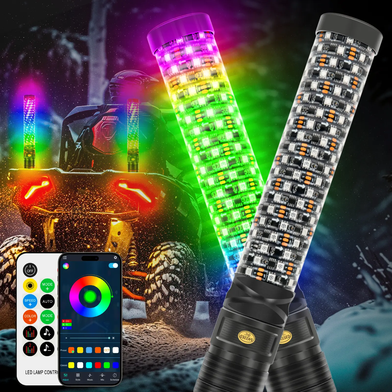 1 Pair 1ft RGB LED Fat Whip Lights Side By Side Antenna Chase Buletooth APP Remote Contral with Turn Signal Brake Lights for UTV RZR Can-Am ATV SxS Sand Dune Buggy Trucks
