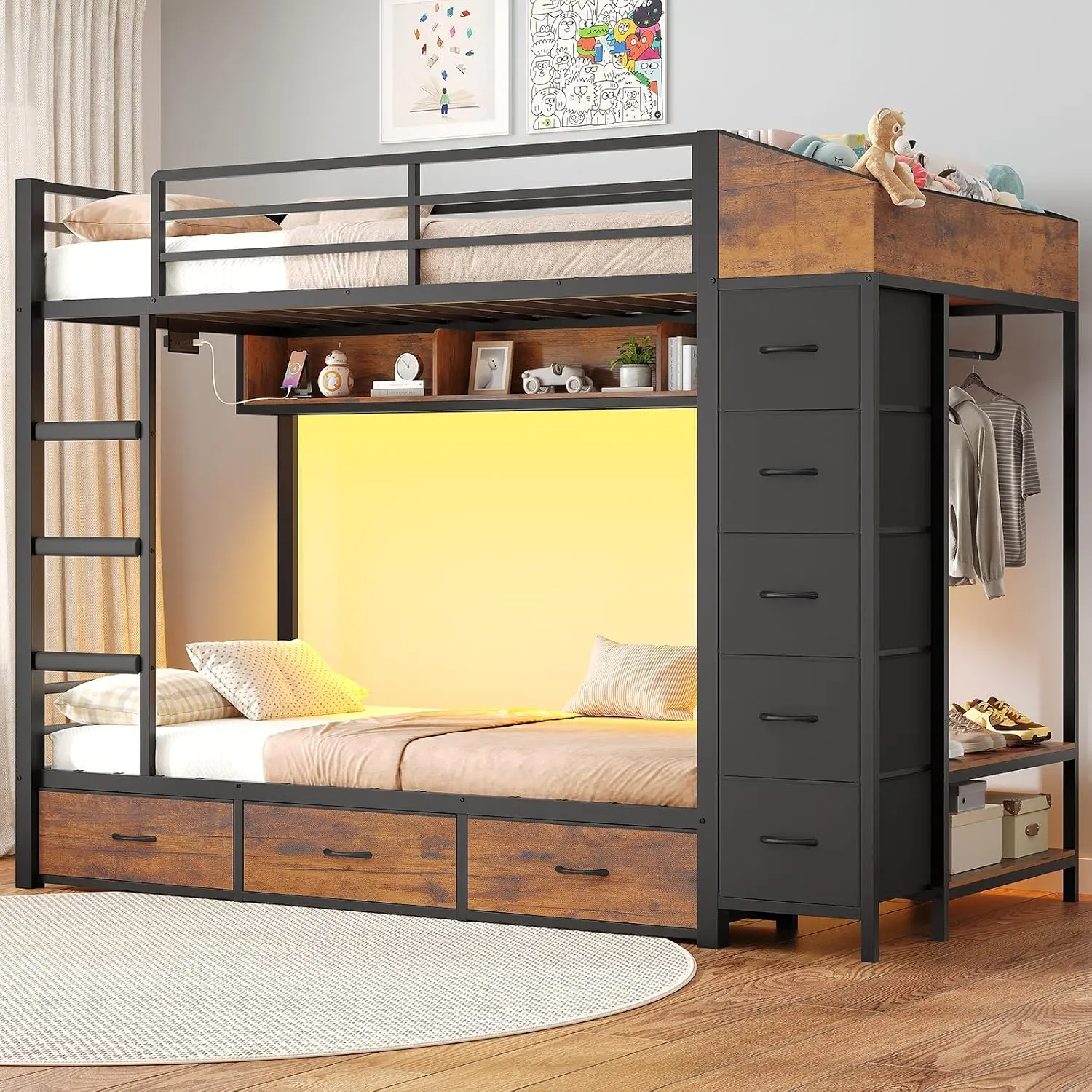 [TiktokShopStockUp] Sikaic Twin Bunk Bed with 8 Storage Drawers and Power Outlets, LED Twin Bunk Beds with Hall Tree and Shelves, Metal Bunk Beds with Safety Guardrail & Ladder for Dorms Christmas Gifts
