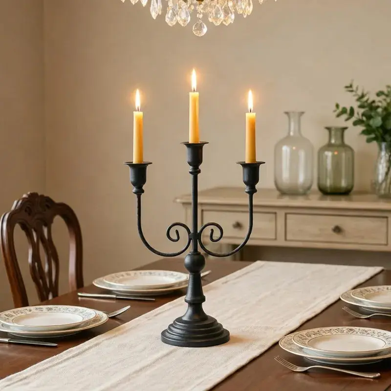Vintage Metal Candelabra, 3-Arm/3-Cup Candle Holder with Sturdy Base, Wedding Decor Retro Centerpiece for Home Tabletop Ornament