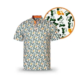 GRUNK DOLFER Menswear Short-Sleeve Polo Shirt - Men's Formal Collared Neck Top, Casual Printed Black and Orange Design, Orange Collar