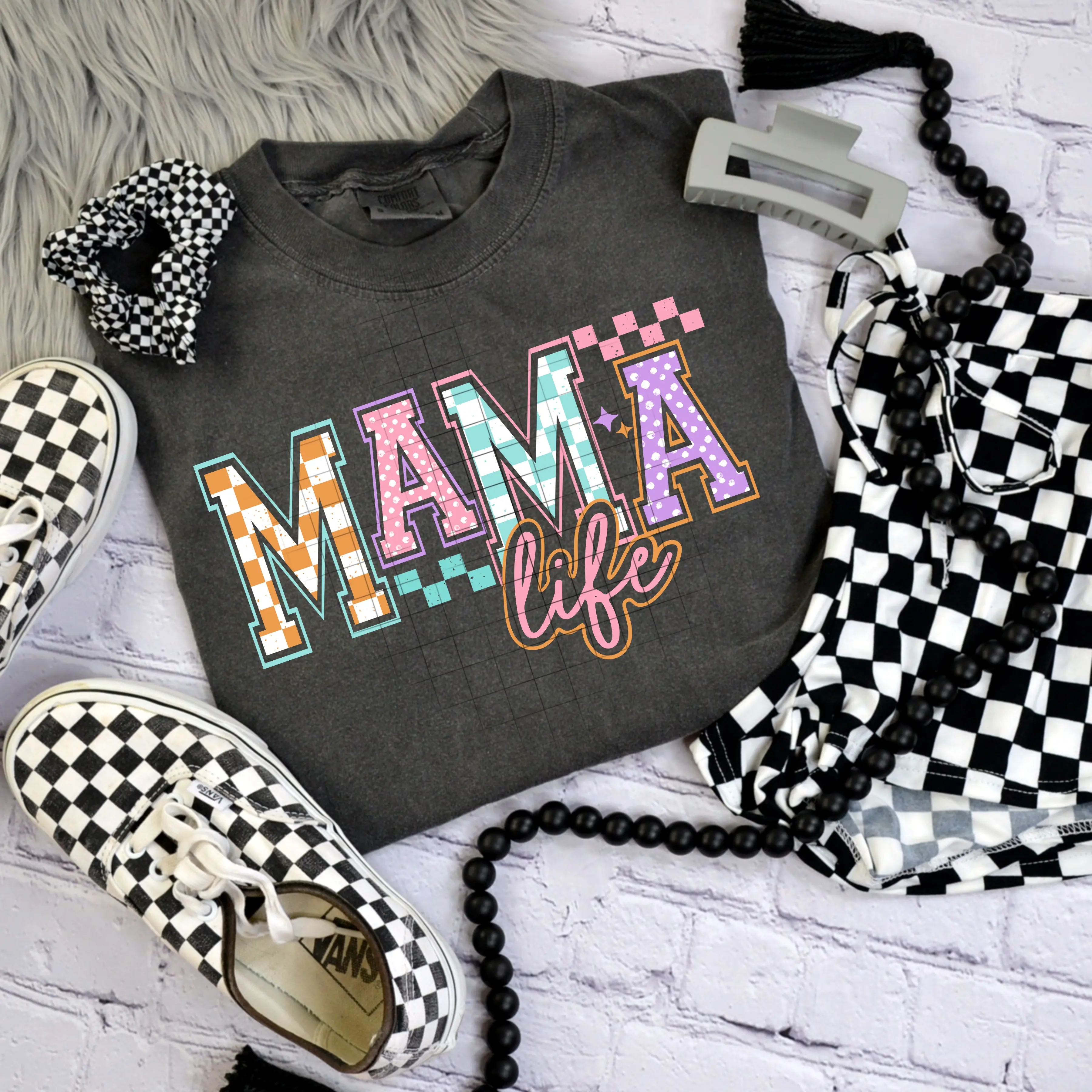 CHECKERD MAMA LIFE Graphic T-Shirt  or crewneck or hoodie- MAMA Comfort Colors  Womenswear Sweatshirts Casual Long Sleeve
