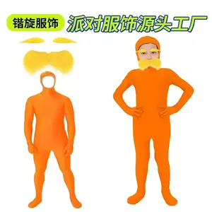Orange costume with yellow beard and eyebrows; face exposed; orange jumpsuit for Halloween party.