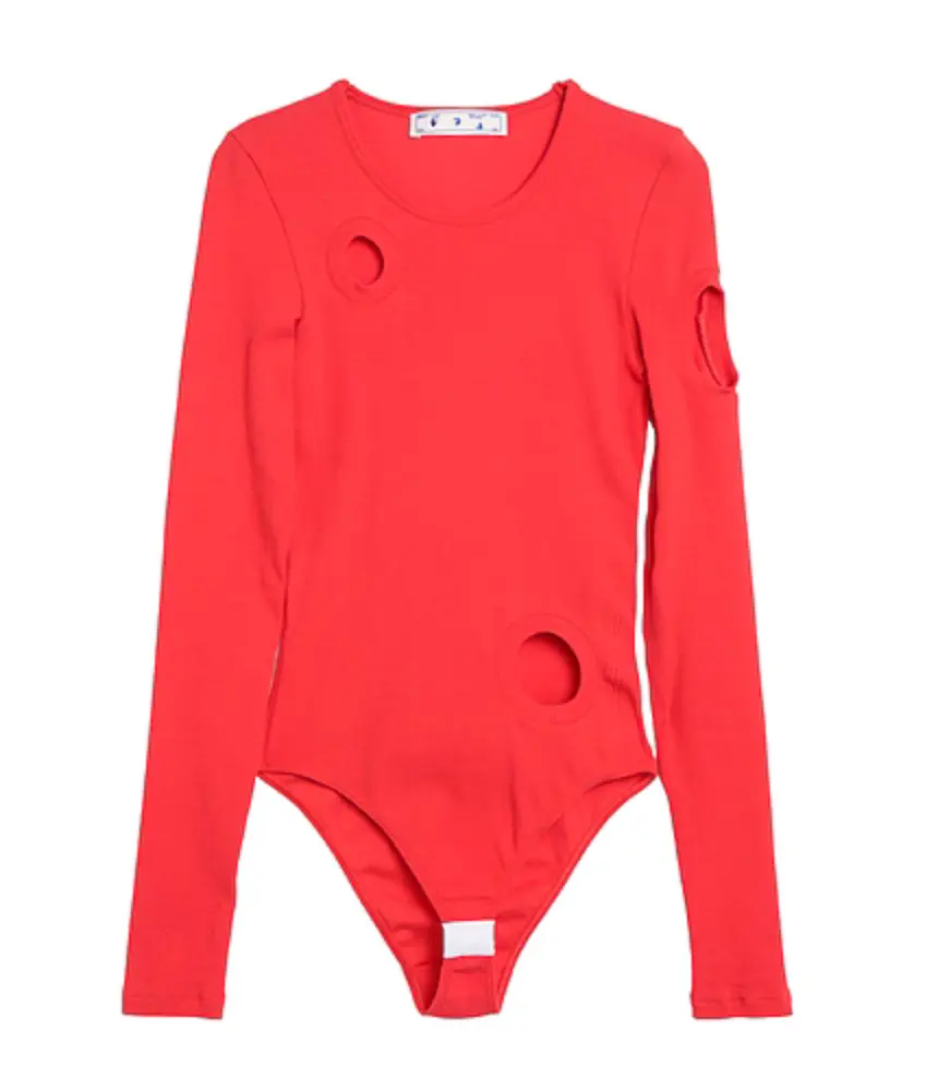Off-White Ribbed Bodysuit - Red, Crew Neck, Scoop Neck, Street Style, Circular Cutouts, Clean-Edged Circular Cutouts | Sports & Outdoor Clothing, Geometric Open Cuts, Second-Skin, Chic, Daily, Jersey, Streetwear