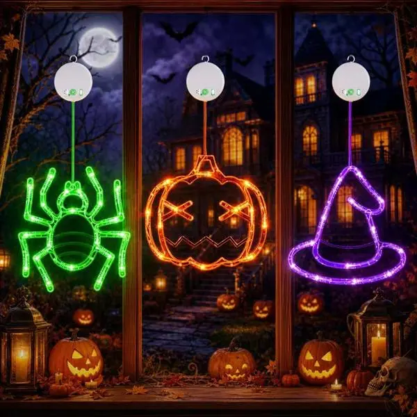 Halloween Window Lights, 3 Pack Pumpkin, Spider, Witch Hat Lights | Halloween Decoration Lights, 2026 Upgraded Dyed Design, 8 Flashing Modes, Timer, Battery Operated, Suction Cup, Indoor Lights